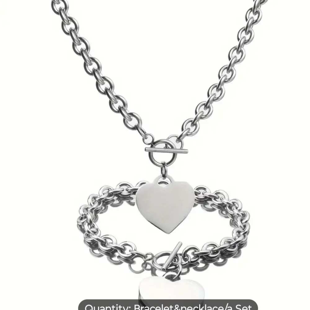 NWOT 1 Pc Necklace +1 Pc Bracelet Stainless Steel Jewelry Set With Glossy Heart